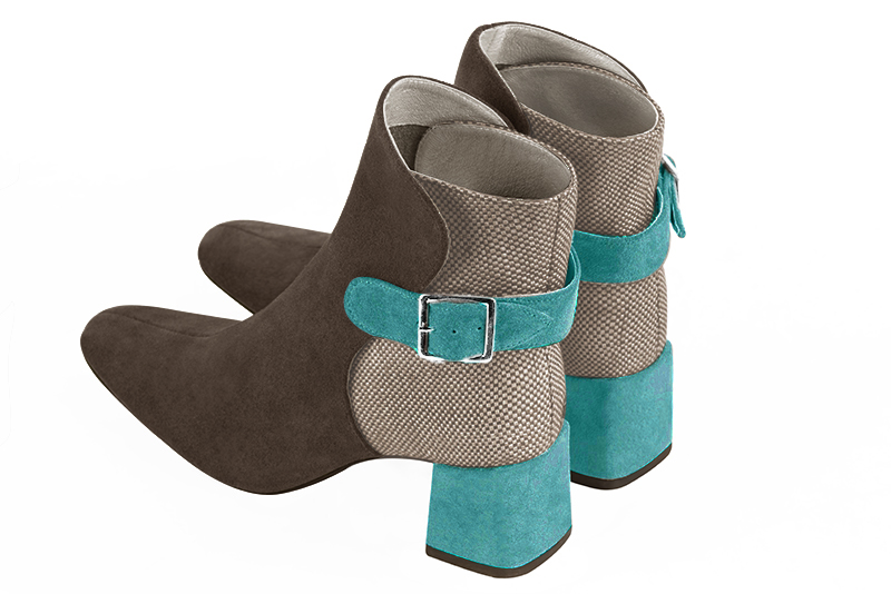 Chocolate brown, natural beige and aquamarine blue women's ankle boots with buckles at the back. Square toe. Medium block heels. Rear view - Florence KOOIJMAN